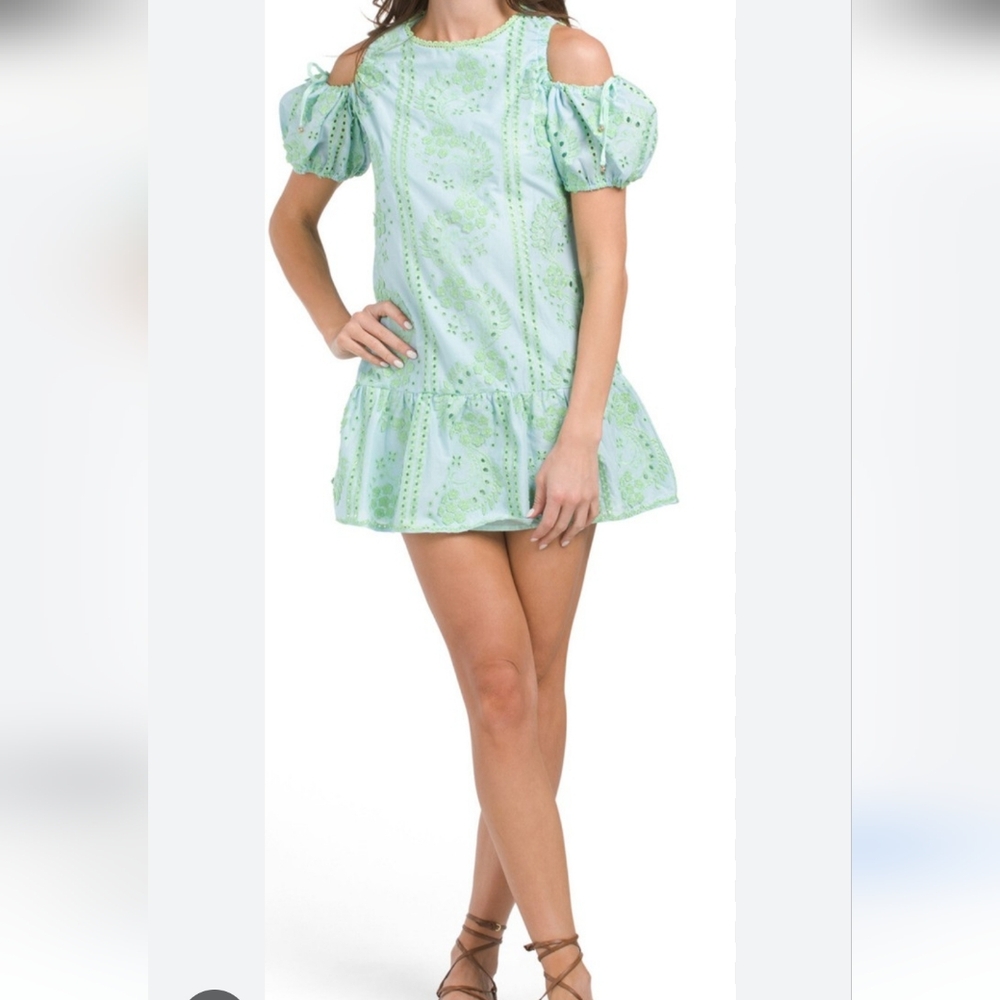 Mellowday Puff Sleeve Cold Shoulder Eyelet Mini Dress Size L